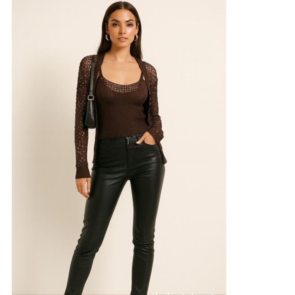 Sweaterworks Sweater Set Womans M L Brown Knit Sequin‎ 2-Piece Tank Cardigan